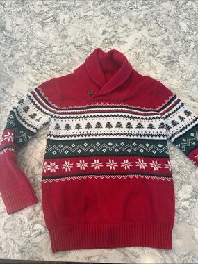 The Children's Place Red Green White Fair Isle Shawl Collar Christmas Sweater